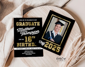Graduation and birthday invitation boy, 18th birthday invitation for him, Invitations with photos, Birthday party grad invites 2025