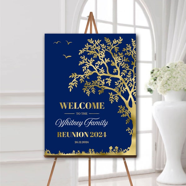 Family reunion welcome sign, Navy blue and gold, Family gathering, Printed poster, Foam board, Digital download, Personalized, Decorations