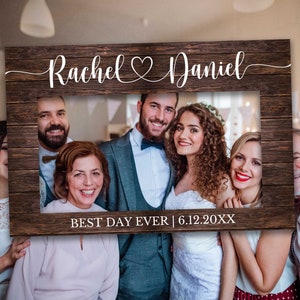 Cornice per foto di matrimonio, targa fotografica rustica e personalizzata, cornice per selfie, oggetti di scena per foto, decorazione di nozze con nomi, il giorno più bello di sempre