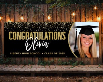 Graduation banner for front yard, Congratulations graduate, Graduation back drop, Grad party decorations black and gold, Senior backdrop