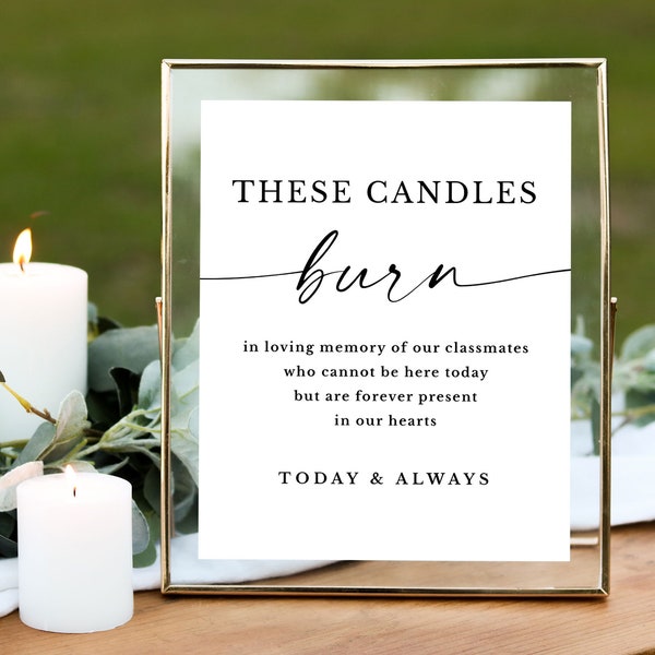 Class reunion These candles burn in loving memory of our classmates printable sign Memorial candles table decorations modern In memory sign
