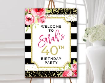 Welcome sign pink and gold 40th birthday party decoration for woman 50th 60th 70th birthday welcome sign printable