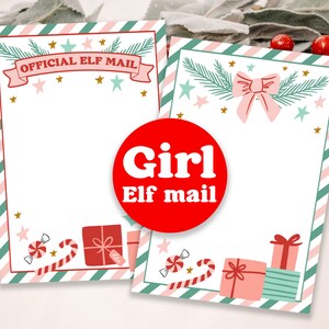Puede incluir: Dos hojas de papelería de Official Elf Mail. Una hoja tiene una pancarta que dice "OFFICIAL ELF MAIL" y la otra tiene un lazo rosa. Ambas hojas tienen un borde a rayas, bastones de caramelo, regalos y el texto "Girl Elf mail" en un círculo rojo.
