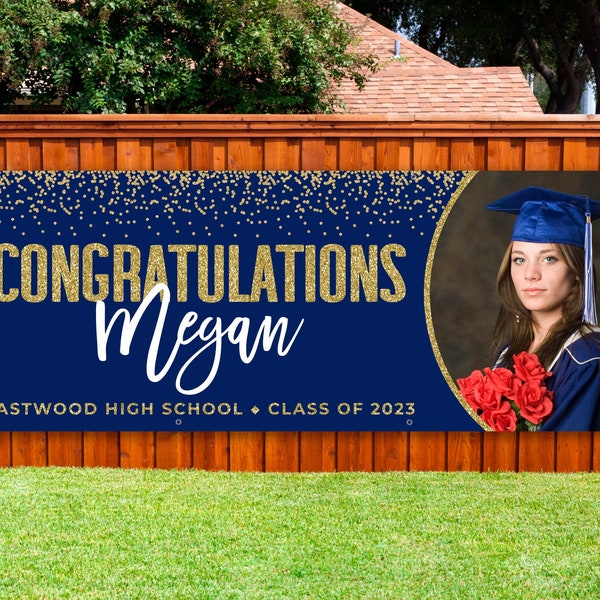 Personalized graduation sign 2023 navy blue and gold Backdrop with picture Back drop with photo Congratulations banner Gifts for her