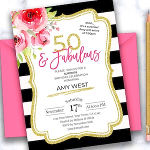 Surprise 50th birthday invitation for women 50th birthday invitations for women floral pink gold 50 and fabulous