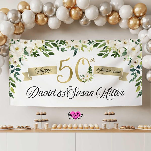 Personalized 50th Anniversary Banner, Greenery, White Flowers & Gold (Vinyl or Digital)