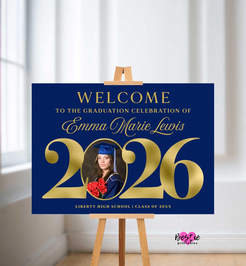 Navy Blue and Gold Graduation Welcome Sign With Photo, Elegant Theme ...