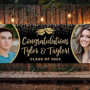 Twin graduation banner, Twin graduation party decoration, Outdoor banner for twins, Double graduation with pictures, Personalized