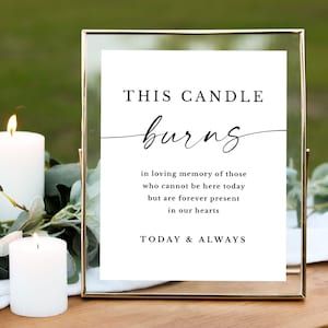 This candle burns in loving memory sign printable Memorial candle table decorations modern In memory sign Forever in our hearts Minimalist