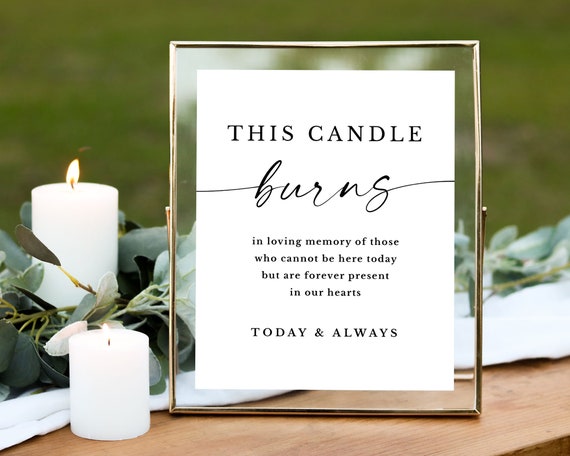 This candle burns in loving memory sign printable Memorial candle table decorations modern In memory sign Forever in our hearts Minimalist