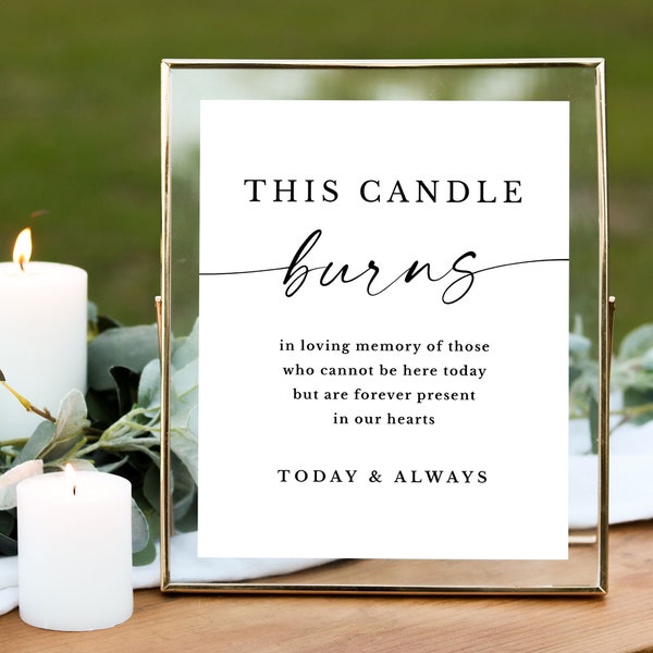 This candle burns in loving memory sign printable Memorial candle table decorations modern In memory sign Forever in our hearts Minimalist