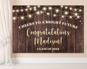 Graduation decorations 2024, Rustic backdrop banner personalized, Congratulations graduate banners, Cheers to bright future