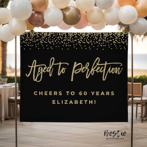 Birthday backdrop banner, Aged to perfection, Black and gold party decorations, Any age image 1
