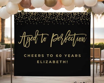 Birthday backdrop banner, Aged to perfection, Black and gold party decorations, Any age