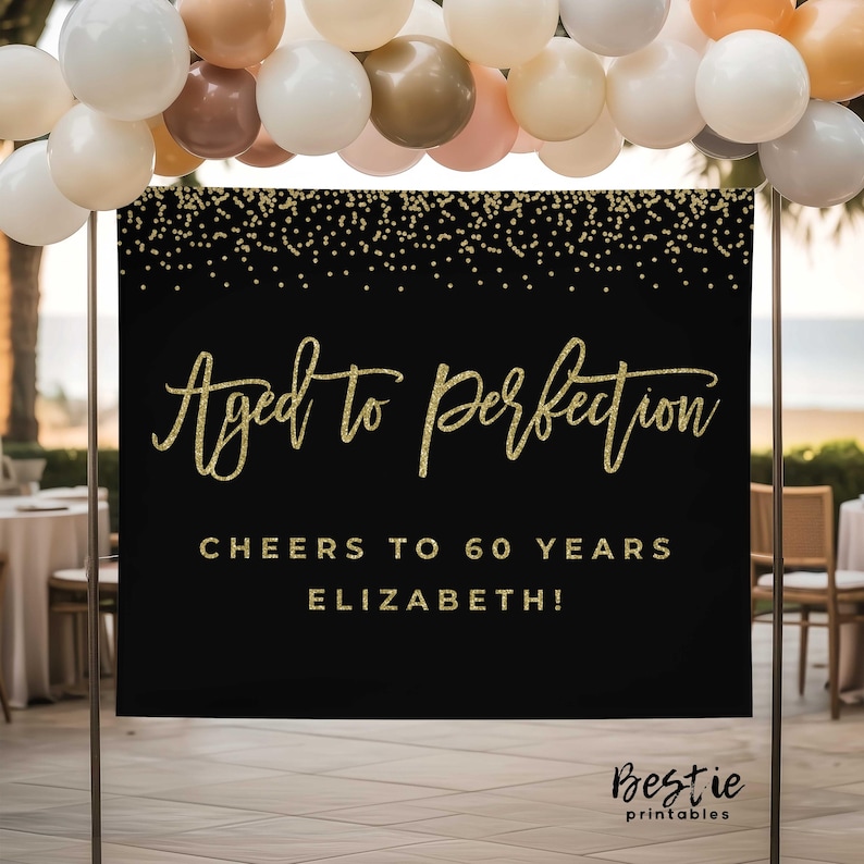 Birthday backdrop banner, Aged to perfection, Black and gold party decorations, Any age image 1