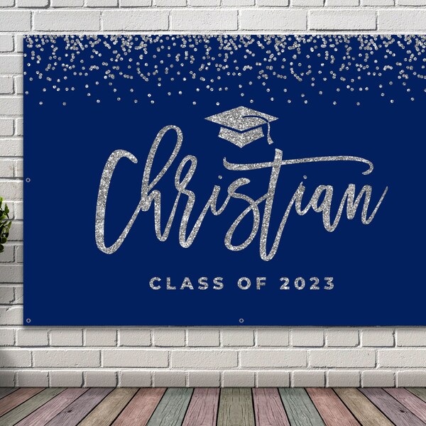 Navy blue graduation party sign Class of 2023 banner Graduation decorations blue and silver Vinyl backdrop printed and shipped or download