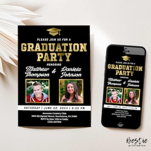 Twin graduation party invitation boys, Twin high school grad party invitations, Double grad party invite for twins, Joint graduation invites
