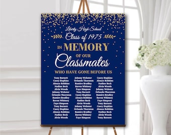 Reunion memorial sign personalized with names In memory of classmates poster board for class reunion Memory poster custom printed navy gold