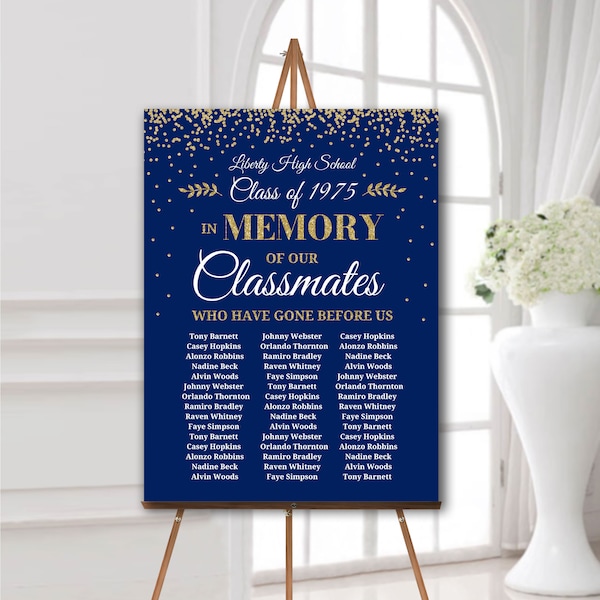 Reunion memorial sign personalized with names In memory of classmates poster board for class reunion Memory poster custom printed navy gold