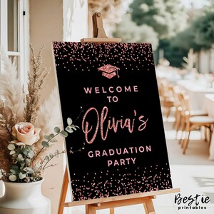 Graduation welcome sign rose gold, Grad party decoration in rose gold, Senior party decoration black and rose gold, Pink glitter