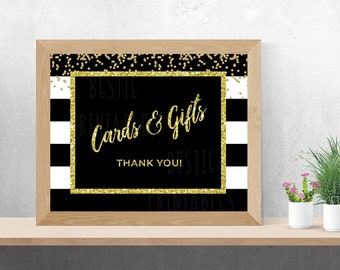 8x10 Cards and gifts sign printable birthday party decorations black and gold Gifts table sign Cards and gifts printable sign black stripes