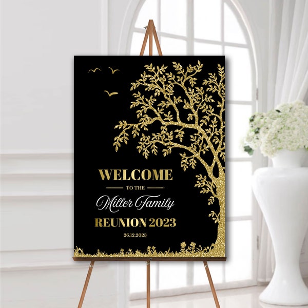 Family reunion welcome sign 2023 Black and gold Printed foam board or poster or printable digital download Personalized reunion decorations