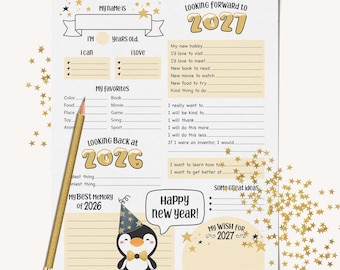 May include: A printable New Year's activity sheet featuring sections for 2026 reflections and 2027 goals. The white paper includes gold star accents, a penguin wearing a party hat, and a gold glitter pencil. Text includes Looking Forward to 2027, My Favorites, and Happy New Year.