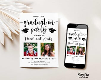 Twin graduation party invitation modern, Combined grad party invitations with photos, Double graduation invite for twins, Joint graduation