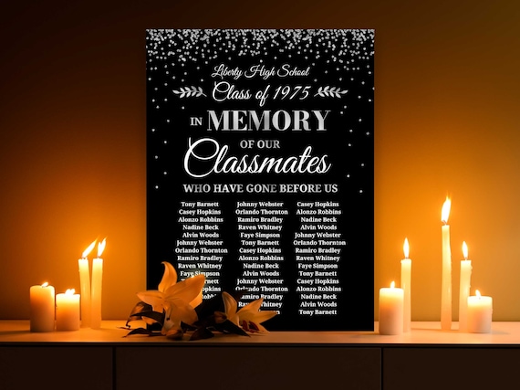Reunion memorial board black and silver, In memory of classmates sign, High school class reunion decoration, Foam board, Printed poster