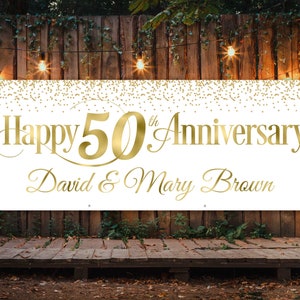 50th wedding anniversary banner Any year wedding anniversary decorations gold and white Personalized vinyl backdrop