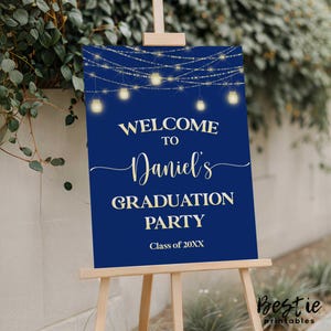 Blue graduation welcome sign, Rustic graduation welcome board, Blue and gold graduation party decorations, Grad party decor