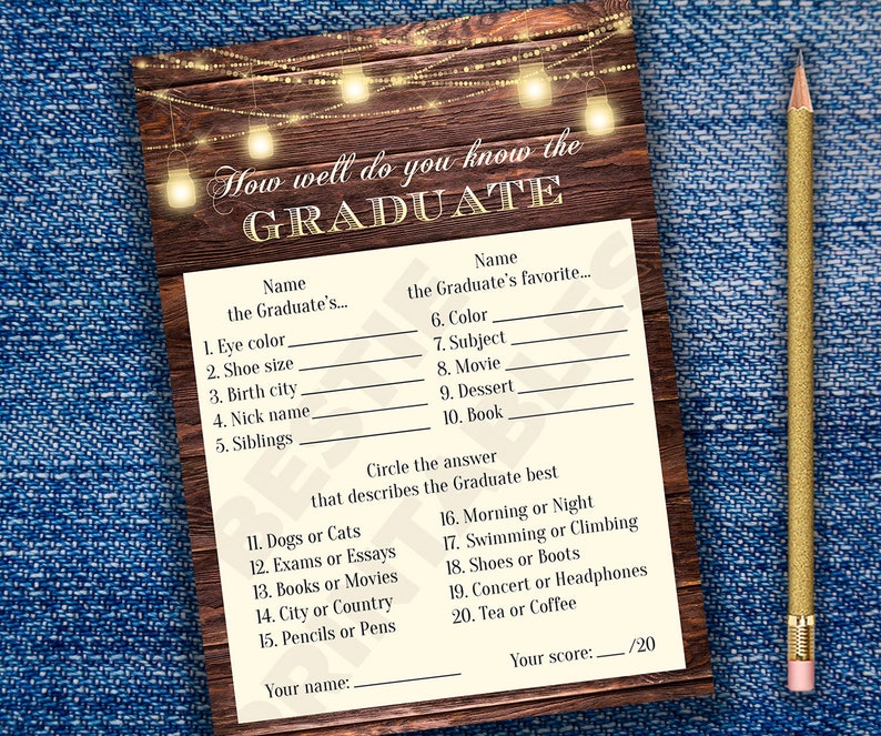 rustic graduation game cards printable graduation party game etsy