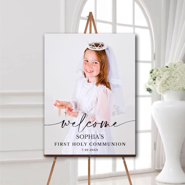 SALE First communion welcome sign with photo Foam board or digital download Baptism poster printed with picture Girl or boy Personalized