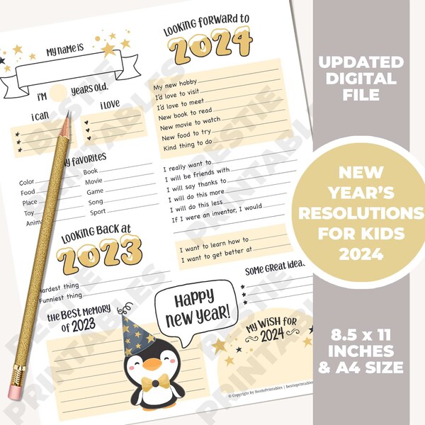2024 New Years resolution printable for kids New Years resolutions for kids New Years reflection Year in review printable sheet download
