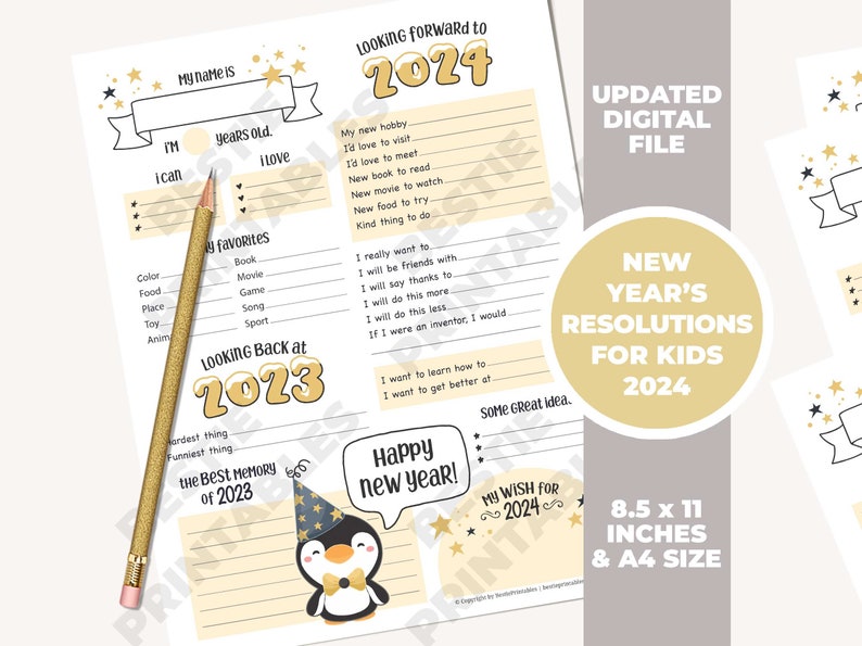 2024 New Years resolution printable for kids New Years resolutions for kids New Years reflection Year in review printable sheet download image 1