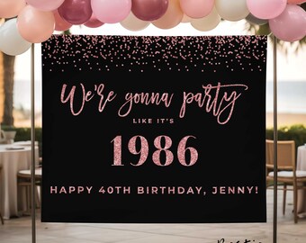 Letrero de fiesta de cumpleaños en oro rosa y negro, pancarta de fondo para 40 cumpleaños, decoraciones para fiestas de cumpleaños, fiesta como la de 1986