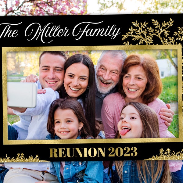 Family reunion photo frame Family reunion photo props Photo booth frame Selfie frame Family reunion decoration ideas Black and gold