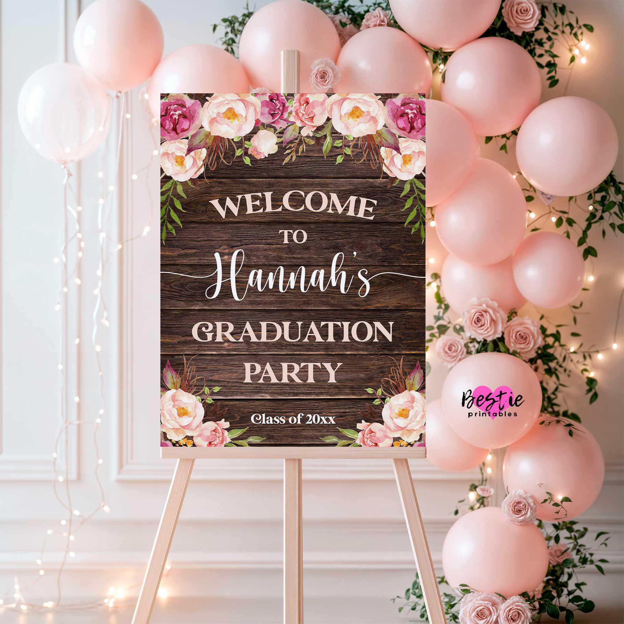 Floral Graduation Party Sign, Rustic Wood Theme, Pink Flowers (foam ...