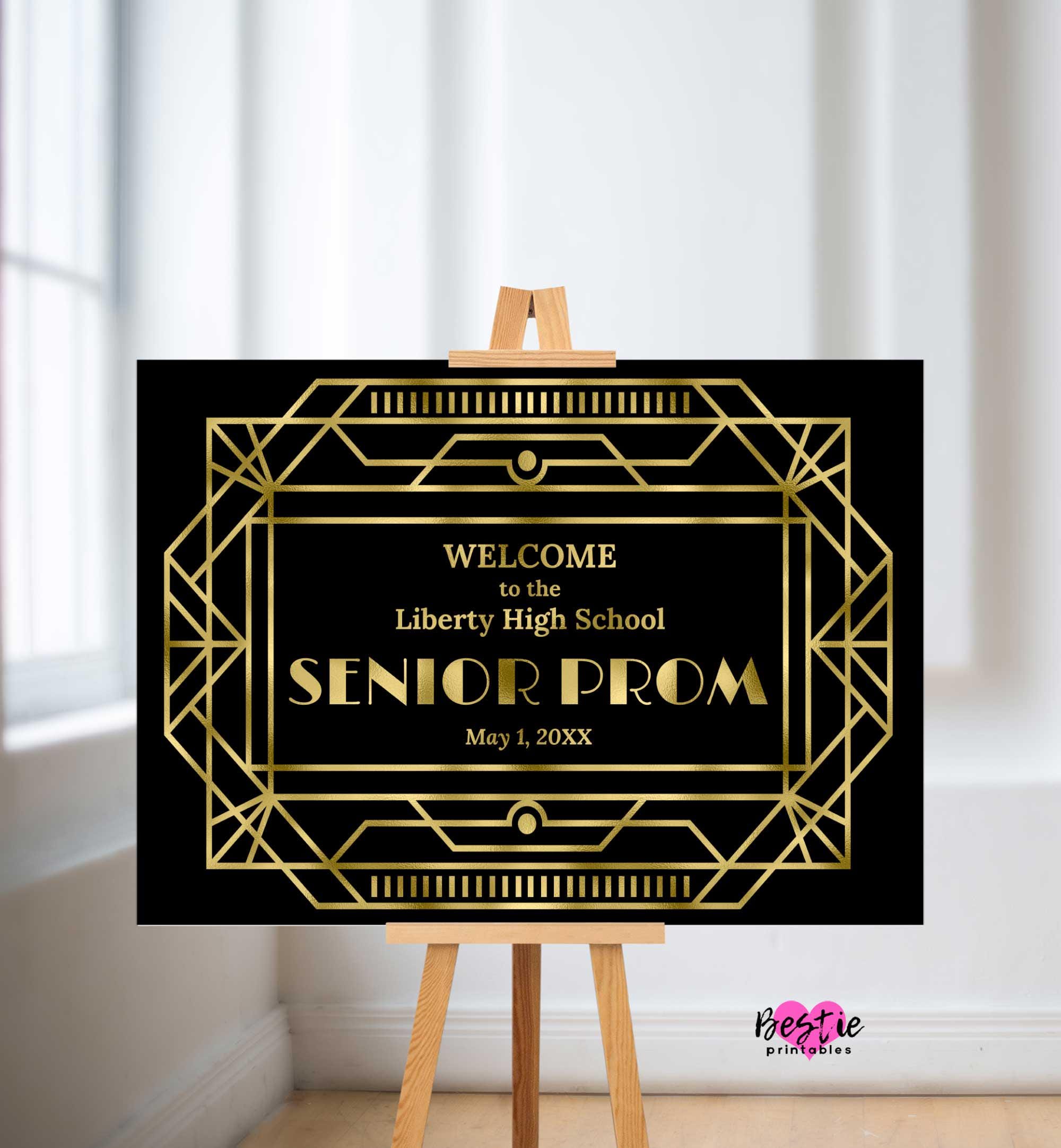 Art Deco Senior Prom Welcome Sign, Black and Gold Party Decor (foam ...