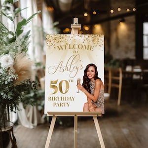 Cartel de bienvenida del 50 cumpleaños con foto, Cartel de cumpleaños de cualquier edad personalizado, Tablero de bienvenida, Decoraciones de fiesta de cumpleaños en blanco y dorado