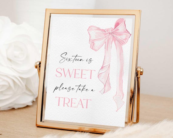 Sixteen is sweet sign, Dessert table, Pink bow, Sweet 16 birthday party decoration, Coquette theme, Sweet treats sign, Teenage birthday