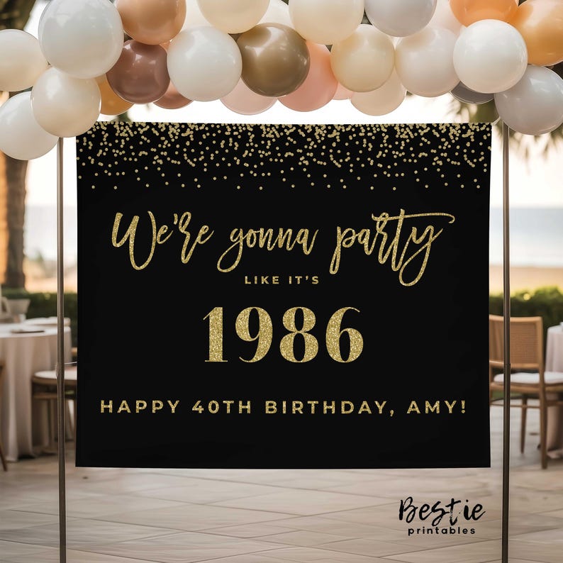 40th Birthday Sign Black and Gold, Backdrop Banner, Party Decorations ...