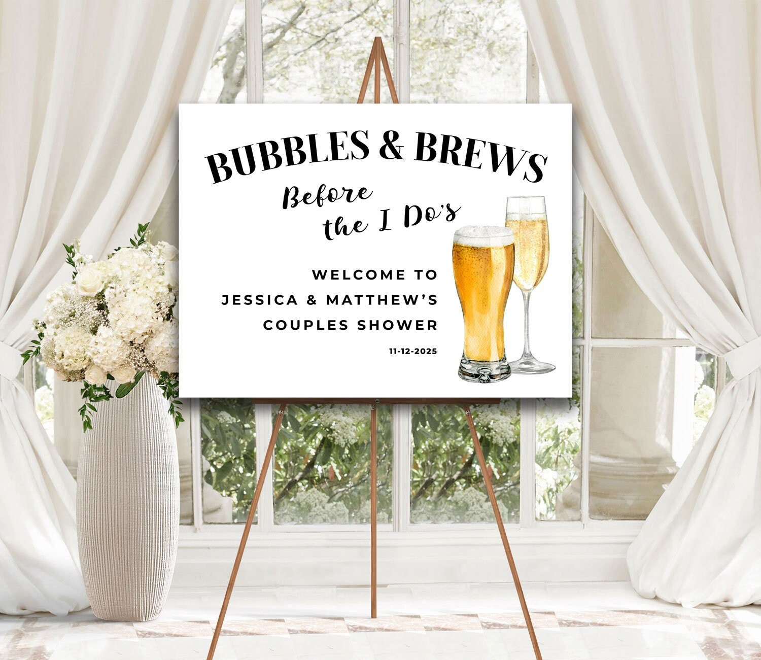 Bubbles and brews welcome sign Couples shower welcome sign Bubbles and brews before the I do's sign Welcome board Champagne and beer poster