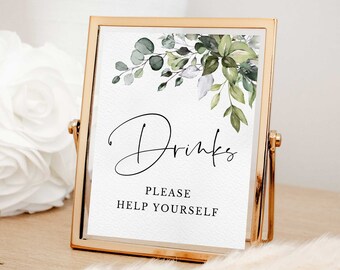 Signo de bebidas imprimible Signo de despedida de soltera Signo de bebidas para la ducha para la boda para el cumpleaños Descarga digital descarga instantánea Hojas verdes salvia