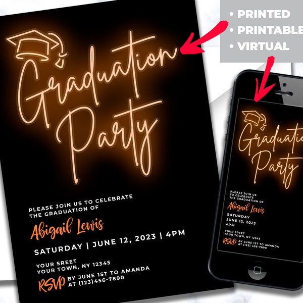 Graduation party invitation Orange neon light invitation for boy or girl Graduation invitation for high school Phone invite Message invite