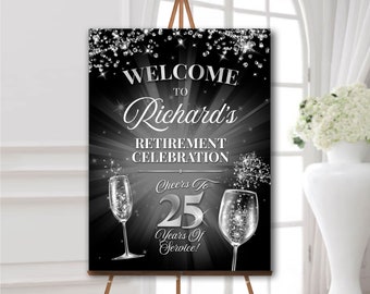 Retirement party welcome sign black and silver, Retirement party foam board, Retirement party decorations, Retirement celebration poster