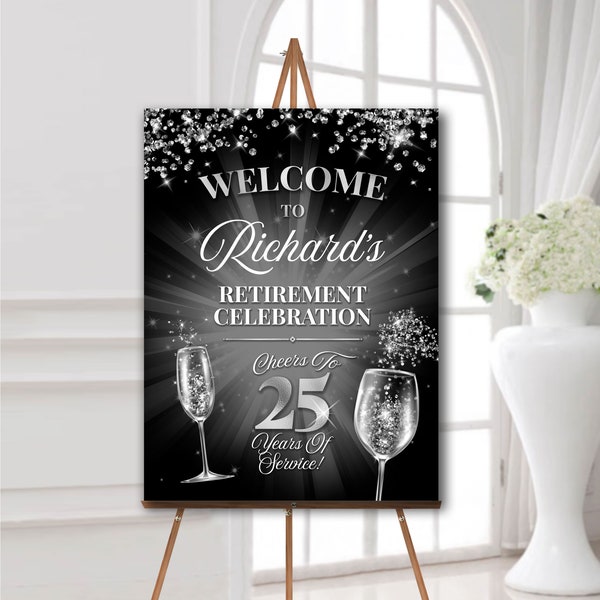 Retirement party welcome sign black and silver, Retirement party foam board, Retirement party decorations, Retirement celebration poster