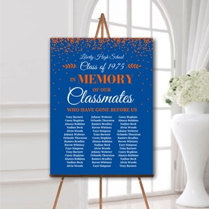 May include: A blue memorial sign for Liberty High School Class of 1975 featuring orange confetti accents at the top. The text reads In Memory of Our Classmates Who Have Gone Before Us, followed by three columns of names printed in white text.