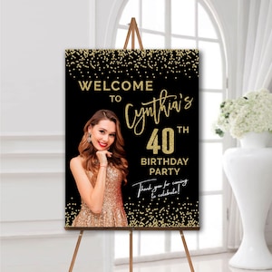 Letrero de bienvenida para fiesta de cumpleaños con foto Cartel de bienvenida de cumpleaños personalizado Decoraciones para fiestas de cumpleaños 30, 40, 50 y 60 en negro y dorado
