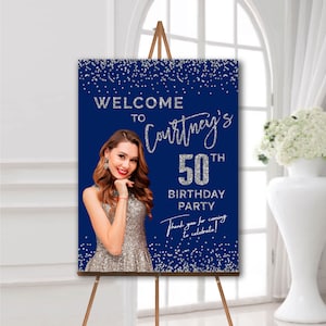 50th birthday welcome sign with photo, Birthday party decorations navy blue and silver, Foam board, Birthday poster with picture for women